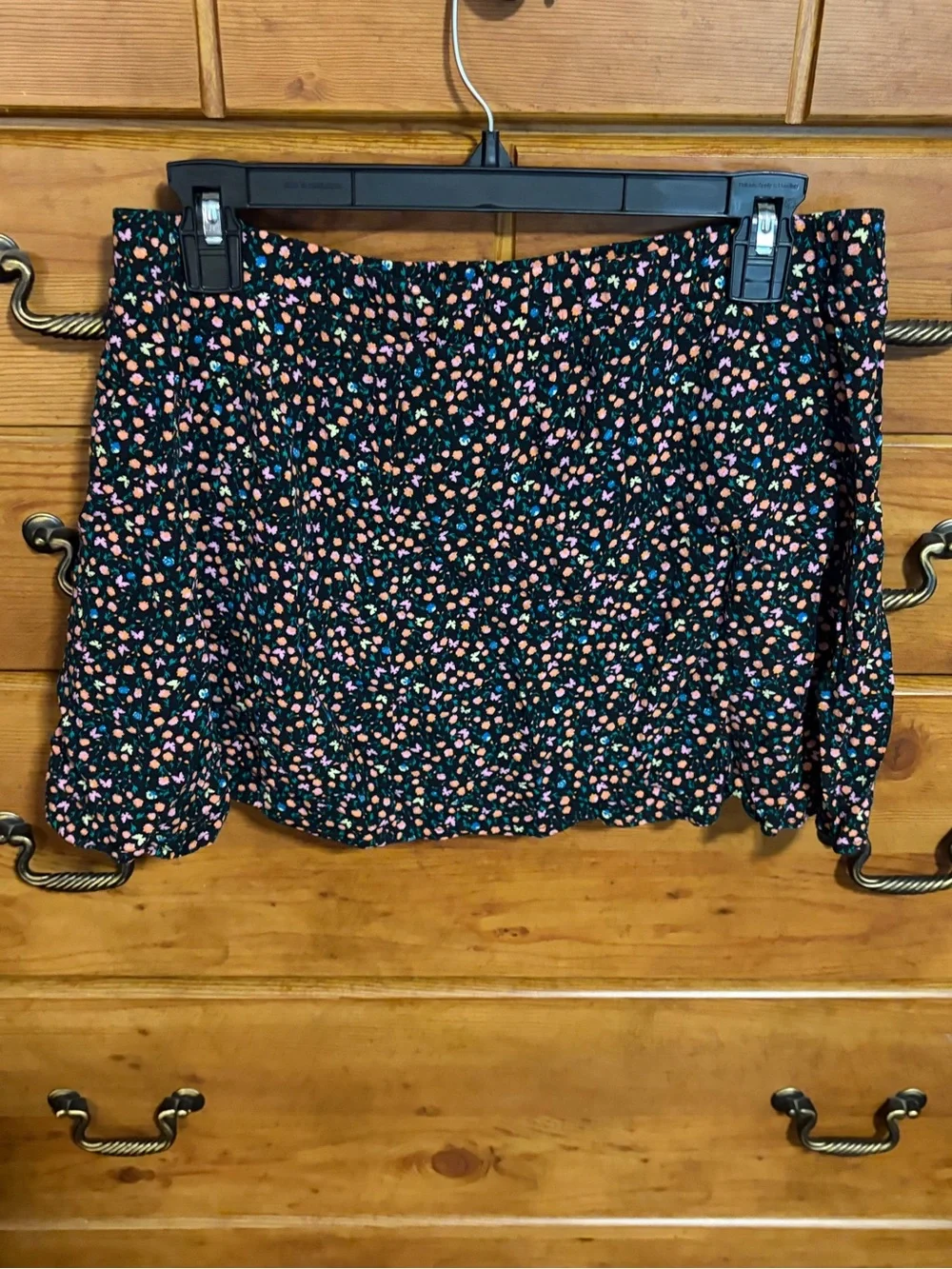 love, Fire Black Floral Puff Sleeve Crop Top & Skirt with Pink & Orange Dots